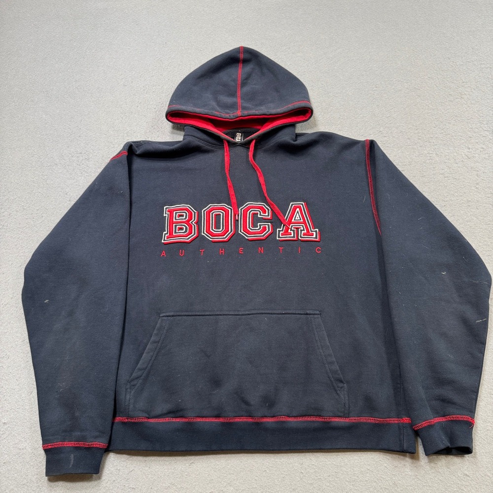 Y2K Boca Hoodie Mens Large Black Fleece Spellout Logo Pullover Streetwear Skater